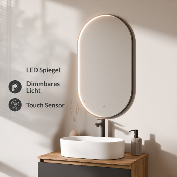 ARISA Badmöbel Set Schwarz – Mit "Glora" LED Spiegel und weißem Keramik-Aufsatzwaschbecken 55 cm