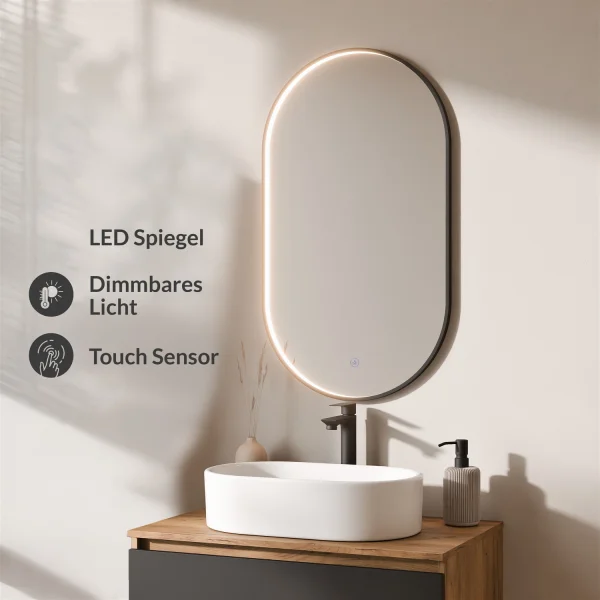 Ensemble de meubles de salle de bains ARISA noir – Avec miroir LED « Glora » et vasque à poser en céramique blanche de 55 cm
