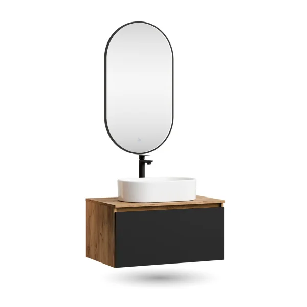 Ensemble de meubles de salle de bains ARISA noir – Avec miroir LED « Glora » et vasque à poser en céramique blanche de 55 cm
