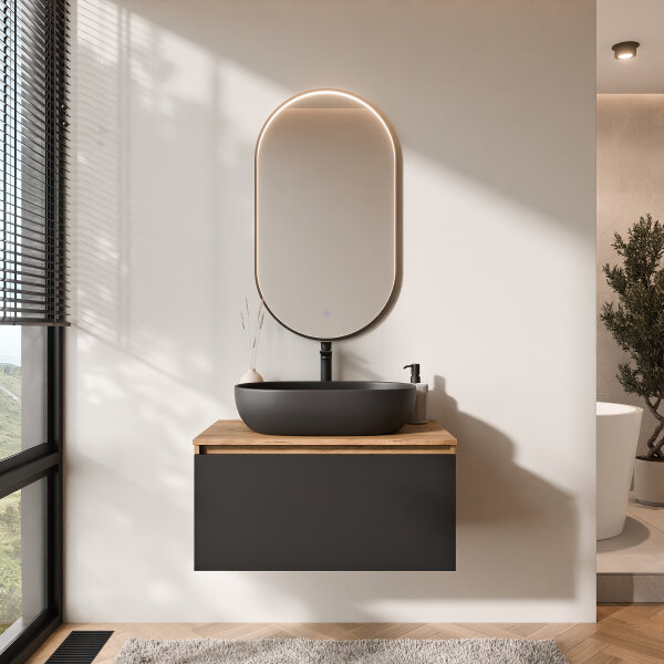 ARISA Badmöbel Set Schwarz – Mit "Glora" LED Spiegel und schwarzem Keramik-Aufsatzwaschbecken 60 cm