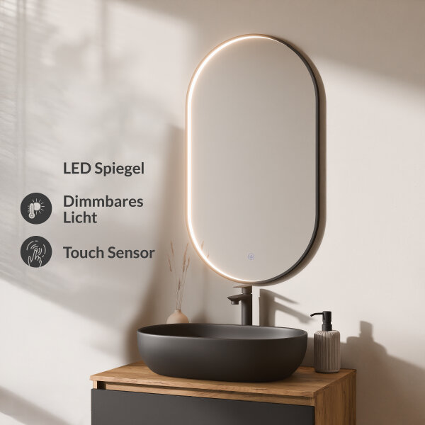 ARISA Badmöbel Set Schwarz – Mit "Glora" LED Spiegel und schwarzem Keramik-Aufsatzwaschbecken 60 cm