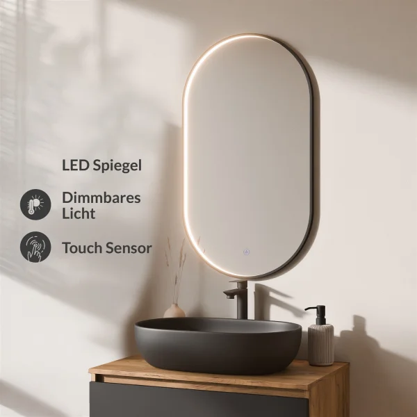 Ensemble de meubles de salle de bains ARISA noir – Avec miroir LED « Glora » et lavabo à poser en céramique noir de 60 cm