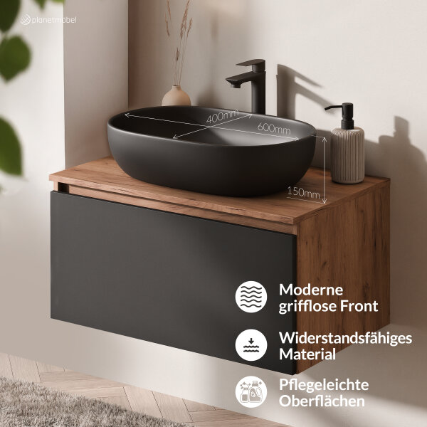 ARISA Badmöbel Set Schwarz – Mit "Glora" LED Spiegel und schwarzem Keramik-Aufsatzwaschbecken 60 cm