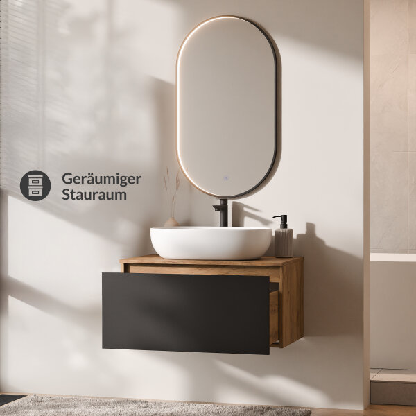 ARISA Badmöbel Set Schwarz – Mit "Glora" LED Spiegel und weißem Keramik-Aufsatzwaschbecken 60 cm