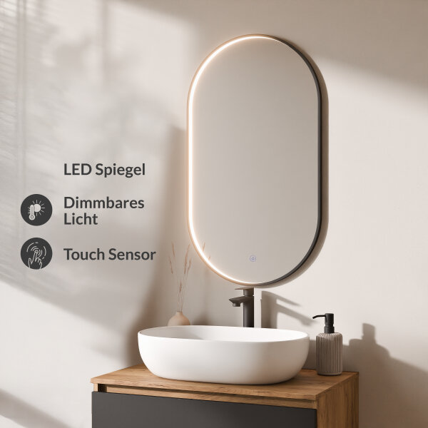 ARISA Badmöbel Set Schwarz – Mit "Glora" LED Spiegel und weißem Keramik-Aufsatzwaschbecken 60 cm