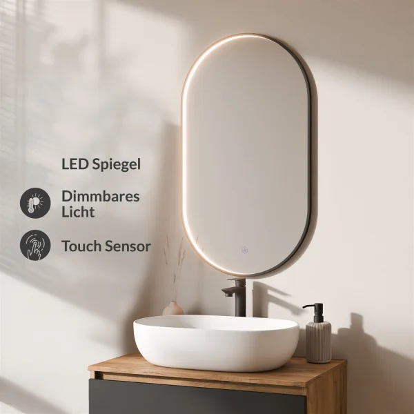 Ensemble de meubles de salle de bains ARISA noir – Avec miroir LED « Glora » et lavabo à poser en céramique blanche de 60 cm