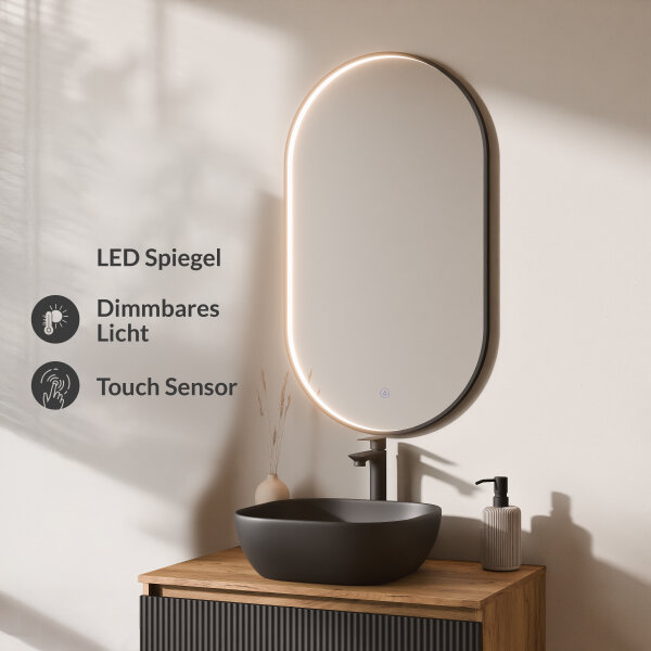 ARISA Badmöbel Set Schwarz Geriffelt – Mit "Glora" LED Spiegel und schwarzem Keramik-Aufsatzwaschbecken 42 cm