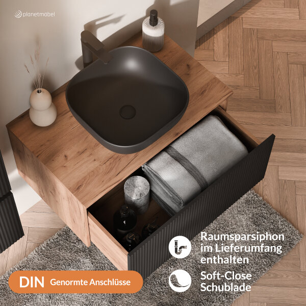 ARISA Badmöbel Set Schwarz Geriffelt – Mit "Glora" LED Spiegel und schwarzem Keramik-Aufsatzwaschbecken 42 cm