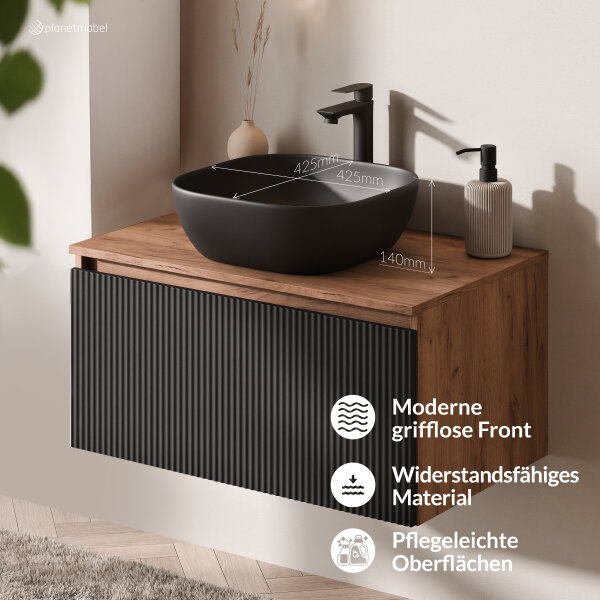 ARISA Badmöbel Set Schwarz Geriffelt – Mit "Glora" LED Spiegel und schwarzem Keramik-Aufsatzwaschbecken 42 cm