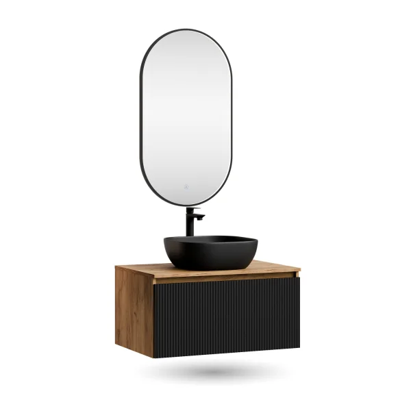 ARISA Bathroom Furniture Set, Black Ribbed – With "Glora" LED Mirror and Black Ceramic Countertop Sink (42 cm)