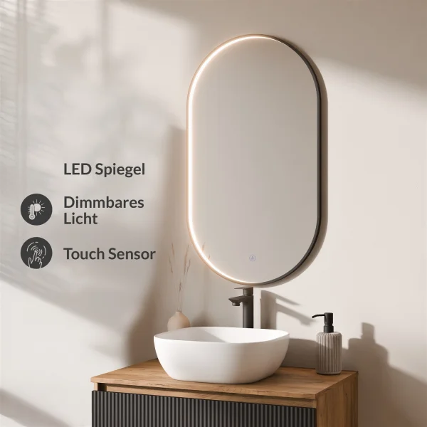 ARISA Bathroom Furniture Set, Black Ribbed – With "Glora" LED Mirror and White Ceramic Countertop Sink (42 cm)