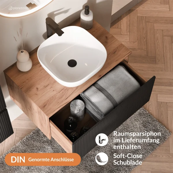 ARISA Bathroom Furniture Set, Black Ribbed – With "Glora" LED Mirror and White Ceramic Countertop Sink (42 cm)
