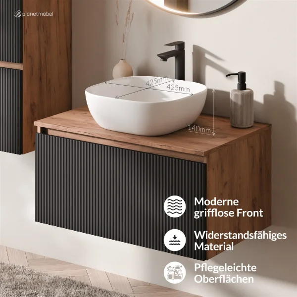 ARISA Bathroom Furniture Set, Black Ribbed – With "Glora" LED Mirror and White Ceramic Countertop Sink (42 cm)