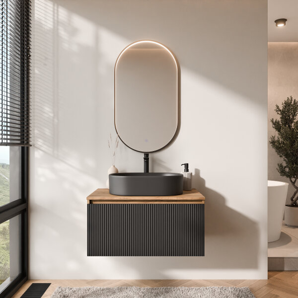 ARISA Badmöbel Set Schwarz Geriffelt – Mit "Glora" LED Spiegel und schwarzem Keramik-Aufsatzwaschbecken 55 cm