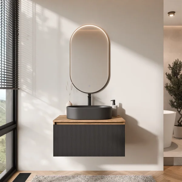 ARISA Bathroom Furniture Set, Black Ribbed – With "Glora" LED Mirror and Black Ceramic Countertop Sink (55 cm)