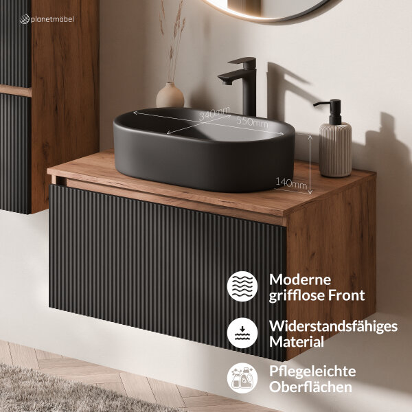 ARISA Badmöbel Set Schwarz Geriffelt – Mit "Glora" LED Spiegel und schwarzem Keramik-Aufsatzwaschbecken 55 cm