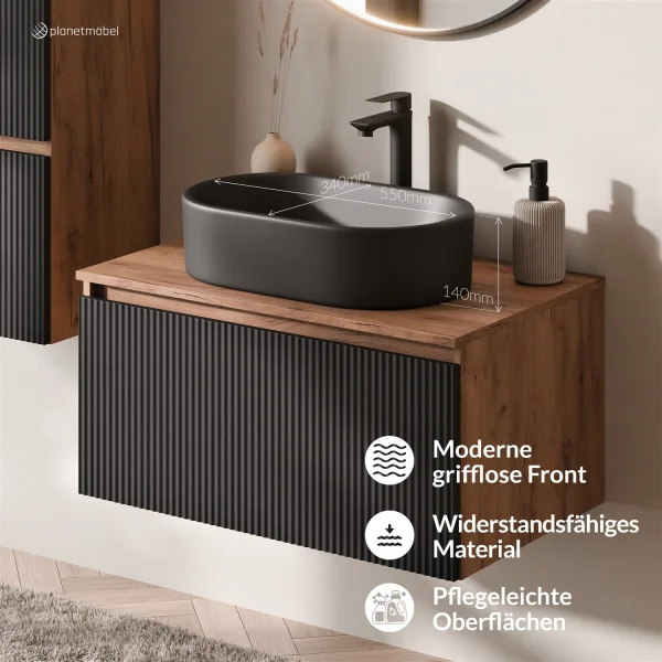 ARISA Bathroom Furniture Set, Black Ribbed – With "Glora" LED Mirror and Black Ceramic Countertop Sink (55 cm)