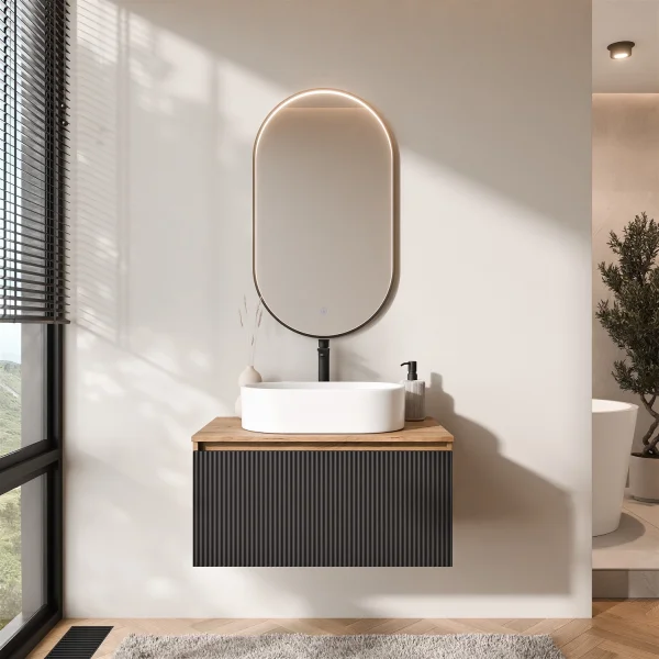 ARISA Bathroom Furniture Set, Black Ribbed – With "Glora" LED Mirror and White Ceramic Countertop Sink (55 cm)