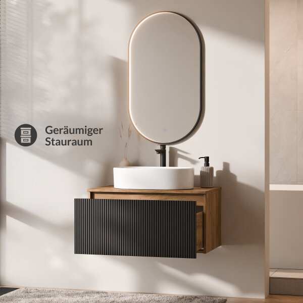 ARISA Badmöbel Set Schwarz Geriffelt – Mit "Glora" LED Spiegel und weißem Keramik-Aufsatzwaschbecken 55 cm