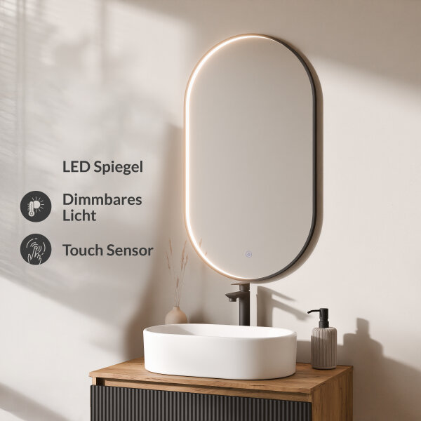 ARISA Badmöbel Set Schwarz Geriffelt – Mit "Glora" LED Spiegel und weißem Keramik-Aufsatzwaschbecken 55 cm