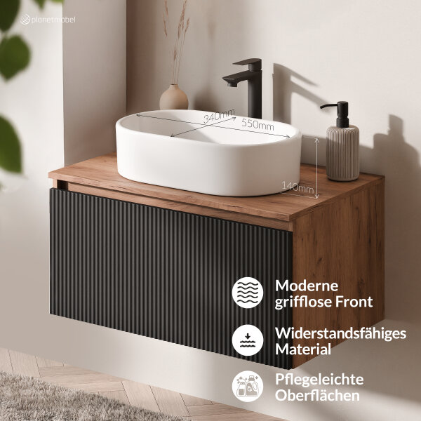 ARISA Badmöbel Set Schwarz Geriffelt – Mit "Glora" LED Spiegel und weißem Keramik-Aufsatzwaschbecken 55 cm