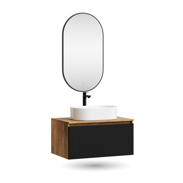 ARISA Badmöbel Set Schwarz Geriffelt – Mit "Glora" LED Spiegel und weißem Keramik-Aufsatzwaschbecken 55 cm