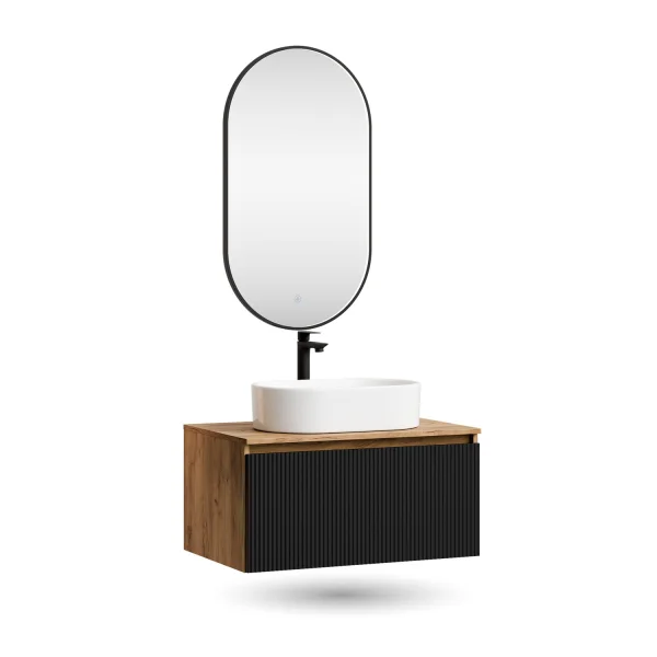 ARISA Bathroom Furniture Set, Black Ribbed – With "Glora" LED Mirror and White Ceramic Countertop Sink (55 cm)