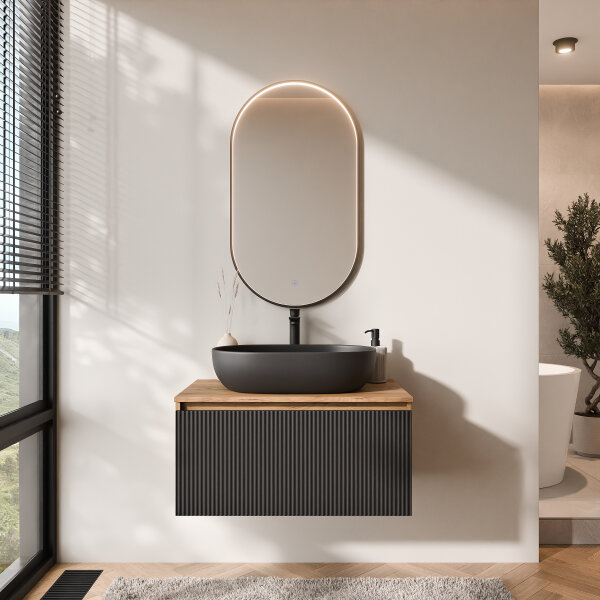 ARISA Badmöbel Set Schwarz Geriffelt – Mit "Glora" LED Spiegel und schwarzem Keramik-Aufsatzwaschbecken 60 cm