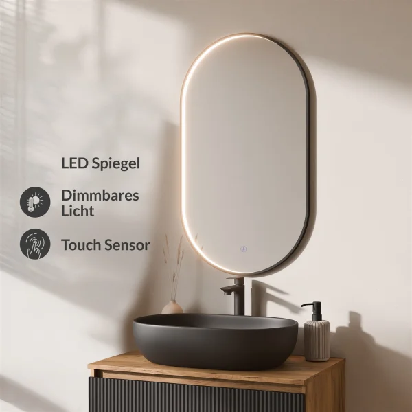 ARISA Bathroom Furniture Set, Black Ribbed – With "Glora" LED Mirror and Black Ceramic Countertop Sink (60 cm)