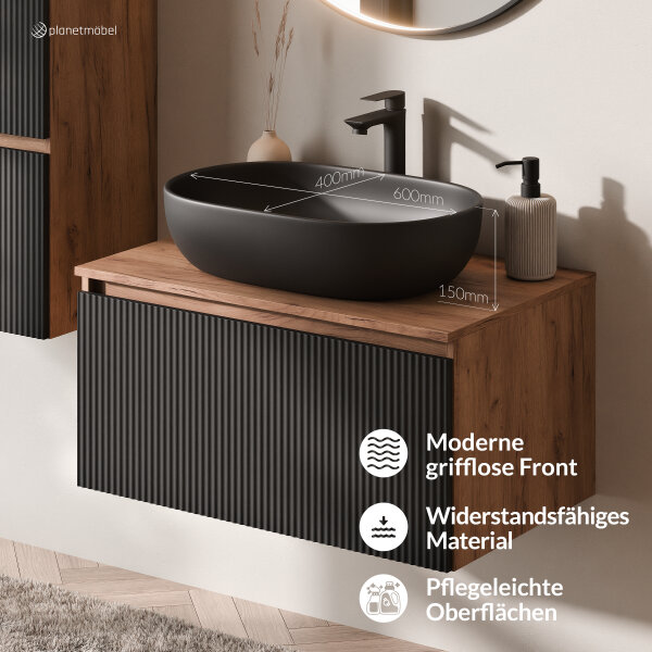 ARISA Badmöbel Set Schwarz Geriffelt – Mit "Glora" LED Spiegel und schwarzem Keramik-Aufsatzwaschbecken 60 cm