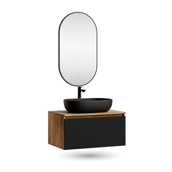 ARISA Badmöbel Set Schwarz Geriffelt – Mit "Glora" LED Spiegel und schwarzem Keramik-Aufsatzwaschbecken 60 cm