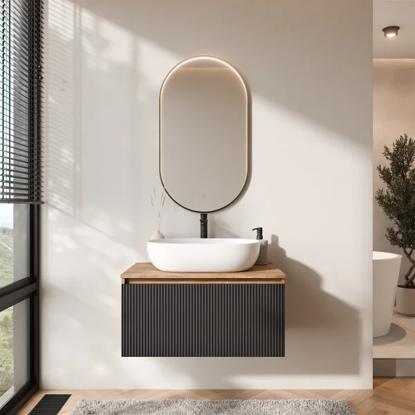 ARISA Bathroom Furniture Set, Black Ribbed – With "Glora" LED Mirror and White Ceramic Countertop Sink (60 cm)