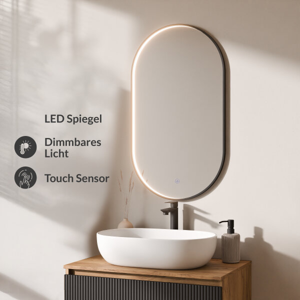 ARISA Badmöbel Set Schwarz Geriffelt – Mit "Glora" LED Spiegel und weißem Keramik-Aufsatzwaschbecken 60 cm