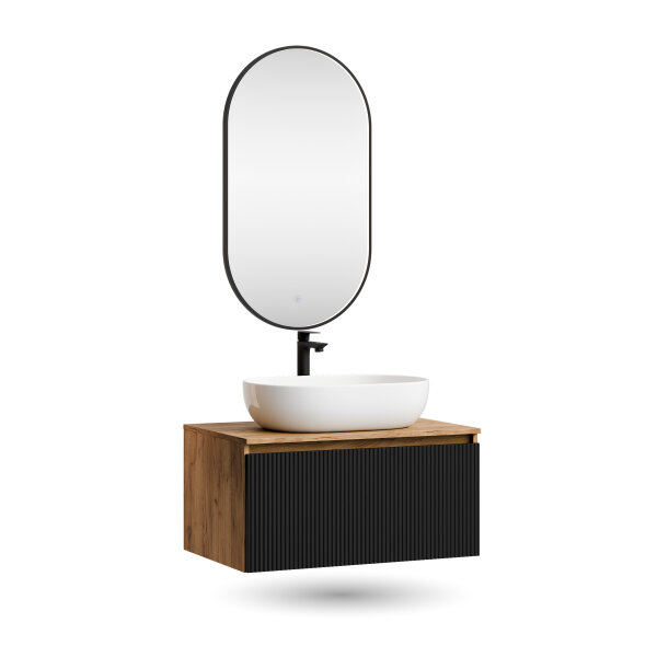 ARISA Badmöbel Set Schwarz Geriffelt – Mit "Glora" LED Spiegel und weißem Keramik-Aufsatzwaschbecken 60 cm