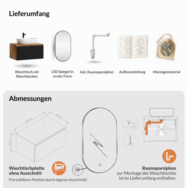 ARISA Badmöbel Set Schwarz Geriffelt – Mit "Glora" LED Spiegel und weißem Keramik-Aufsatzwaschbecken 60 cm