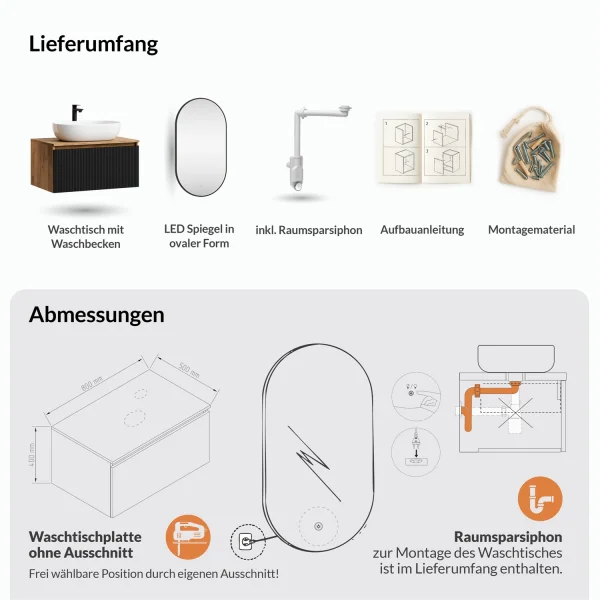 ARISA Bathroom Furniture Set, Black Ribbed – With "Glora" LED Mirror and White Ceramic Countertop Sink (60 cm)