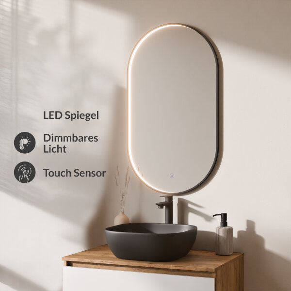 ARISA Badmöbel Set in Weiß – Mit "Glora" LED Spiegel und schwarzem Keramik-Aufsatzwaschbecken 42 cm