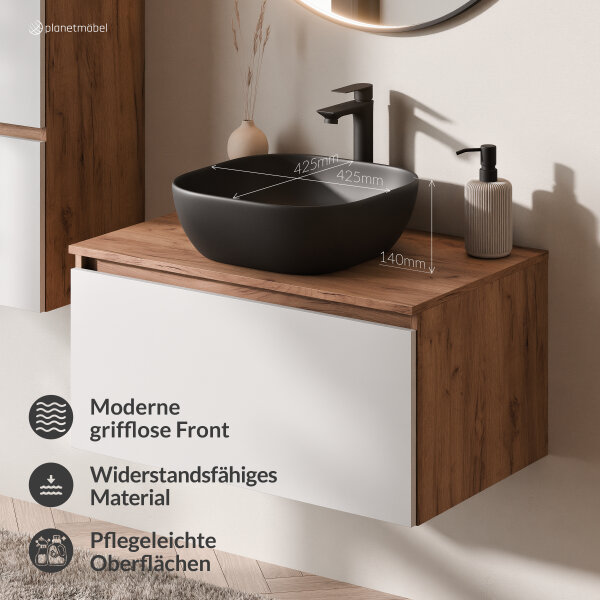 ARISA Badmöbel Set in Weiß – Mit "Glora" LED Spiegel und schwarzem Keramik-Aufsatzwaschbecken 42 cm