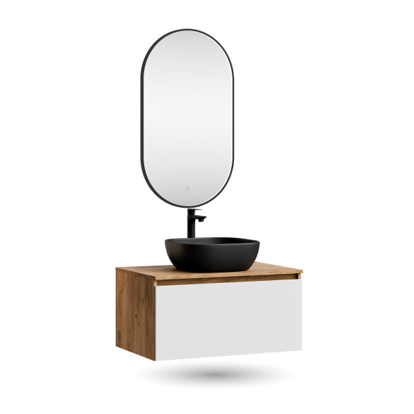 ARISA Badmöbel Set in Weiß – Mit "Glora" LED Spiegel und schwarzem Keramik-Aufsatzwaschbecken 42 cm