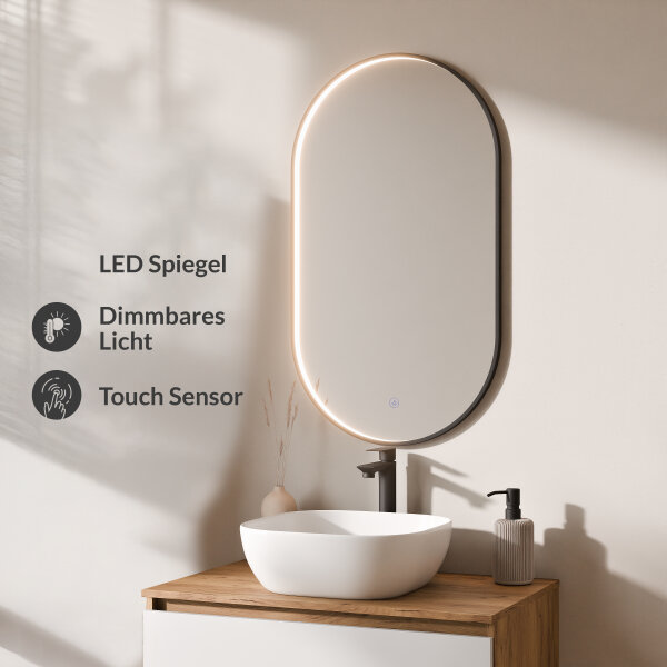 ARISA Badmöbel Set in Weiß – Mit "Glora" LED Spiegel und weißem Keramik-Aufsatzwaschbecken 42 cm