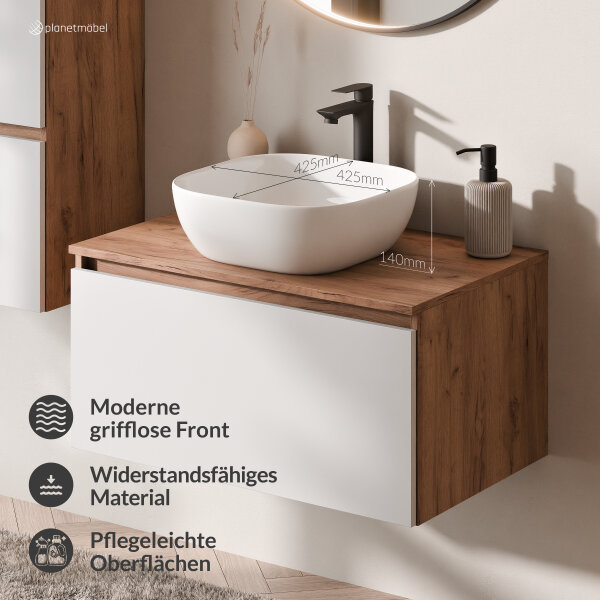 ARISA Badmöbel Set in Weiß – Mit "Glora" LED Spiegel und weißem Keramik-Aufsatzwaschbecken 42 cm