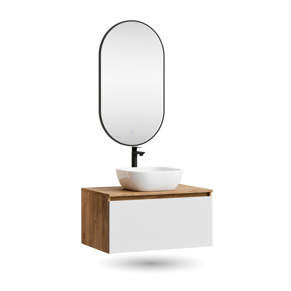 ARISA Badmöbel Set in Weiß – Mit "Glora" LED Spiegel und weißem Keramik-Aufsatzwaschbecken 42 cm