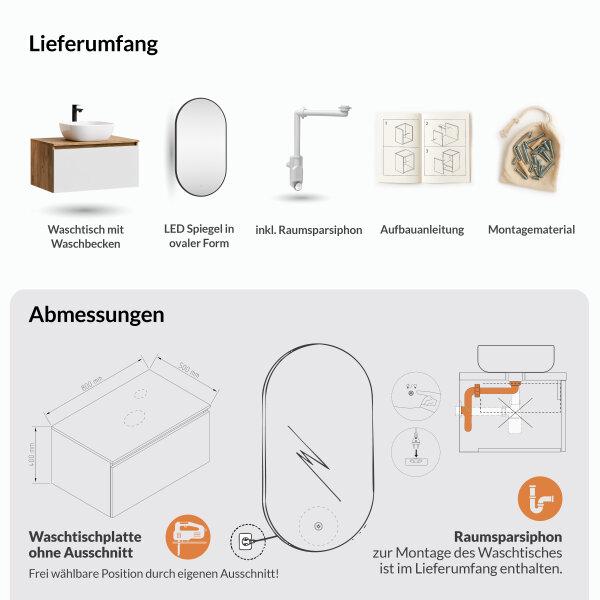 ARISA Badmöbel Set in Weiß – Mit "Glora" LED Spiegel und weißem Keramik-Aufsatzwaschbecken 42 cm