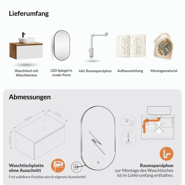 Ensemble de meubles de salle de bains ARISA en blanc – Avec miroir LED « Glora » et lavabo à poser en céramique blanche de 42 cm