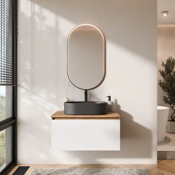 ARISA Badmöbel Set in Weiß – Mit "Glora" LED Spiegel und schwarzem Keramik-Aufsatzwaschbecken 55 cm