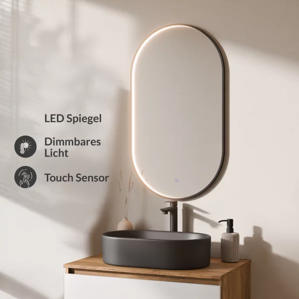 ARISA Badmöbel Set in Weiß – Mit "Glora" LED Spiegel und schwarzem Keramik-Aufsatzwaschbecken 55 cm