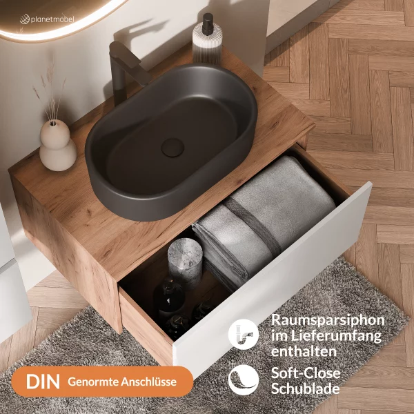 ARISA Badmöbel Set in Weiß – Mit "Glora" LED Spiegel und schwarzem Keramik-Aufsatzwaschbecken 55 cm