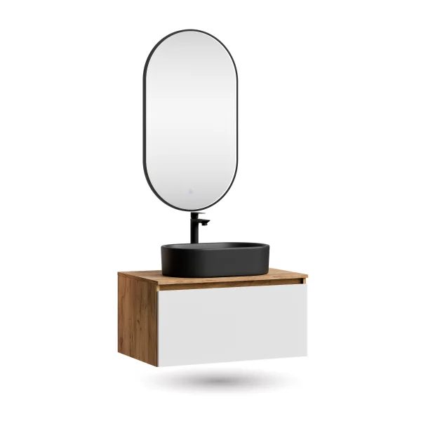 ARISA Badmöbel Set in Weiß – Mit "Glora" LED Spiegel und schwarzem Keramik-Aufsatzwaschbecken 55 cm