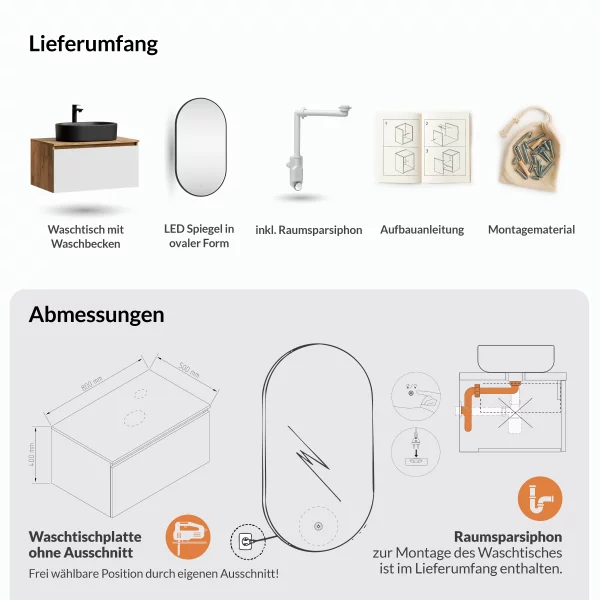 ARISA Badmöbel Set in Weiß – Mit "Glora" LED Spiegel und schwarzem Keramik-Aufsatzwaschbecken 55 cm