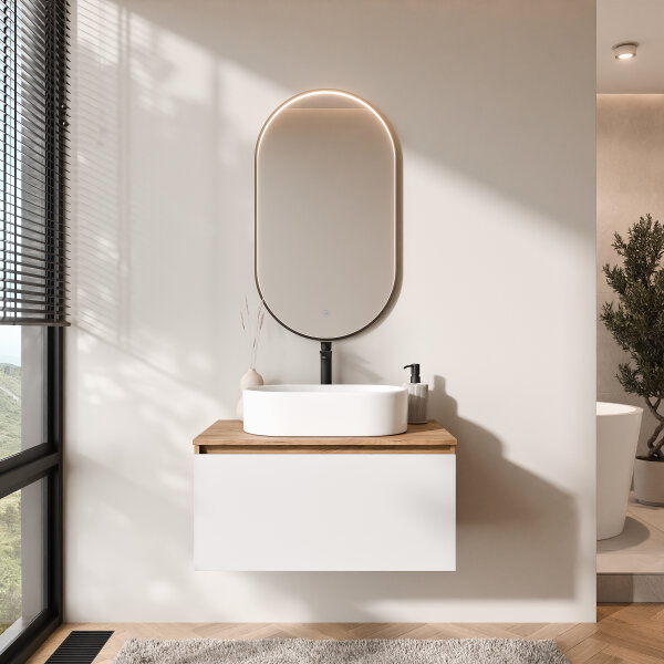 ARISA Badmöbel Set in Weiß – Mit "Glora" LED Spiegel und weißem Keramik-Aufsatzwaschbecken 55 cm